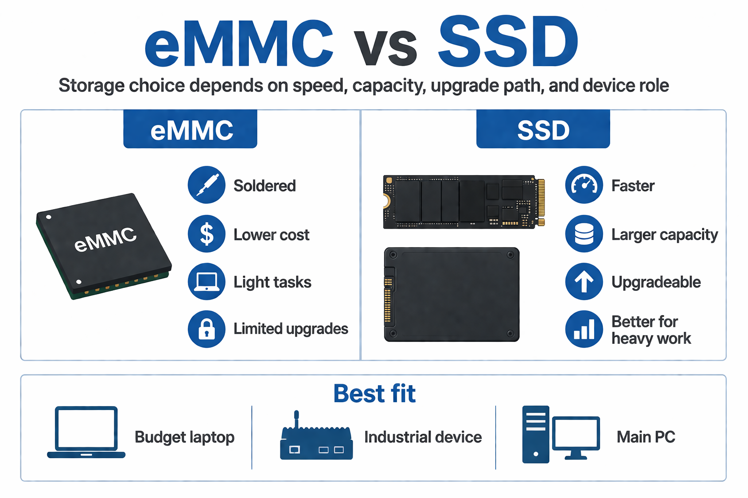 eMMC vs SSD infographic comparing soldered eMMC storage with faster upgradeable SSD storage for laptops and industrial devices